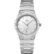 Quadrante argentato con motivo soleil, indici sfaccettati, lancetta piccoli secondi a ore 6 del Omega Constellation Small Seconds 34 mm